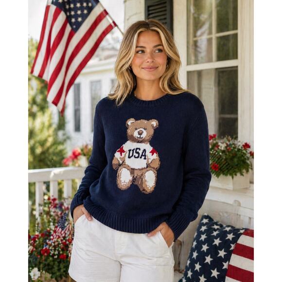 Mighty Fine Sweaters - Mighty Fine Navy Blue USA Bear Sweater Women’s M Patriotic 250th July 4th NWT